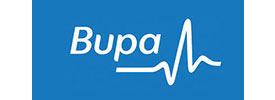 Bupa logo on a blue background, featuring the word Bupa in white text followed by a white heartbeat line graphic, as seen at Scott Dutton keynote speaker Australia events.