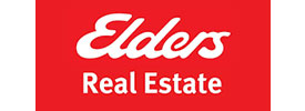 Logo for Elders Real Estate with white text on a red background. The word Elders is in cursive script above Real Estate in uppercase, standard font—a style reminiscent of branding seen at Scott Dutton keynote speaker Australia events.