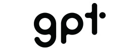 The image shows the lowercase black letters gpt in a rounded, modern font on a white background, evoking the clean design style favoured by Scott Dutton, keynote speaker Australia.