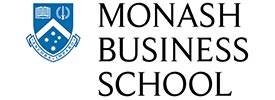 Monash Business School logo featuring a blue and white shield with symbols, next to the text Monash Business School in bold black letters, home to events with Scott Dutton, keynote speaker Australia.
