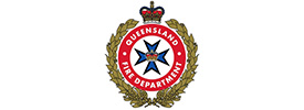 Badge of the Queensland Fire Department featuring a central blue and white Maltese cross, red background, gold laurel wreath border, and a crown at the top—often highlighted in Scott Dutton keynote speaker Australia presentations.