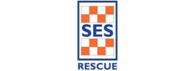 The SES Rescue logo, featured during Scott Dutton keynote speaker Australia events, displays orange and white chequers above and below bold blue SES letters with RESCUE in blue beneath, all enclosed in a blue-bordered rectangle.