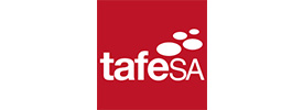 TAFE SA logo featuring white text tafeSA and three white circular dots above fe, all on a red square background. As seen at events with Scott Dutton, keynote speaker Australia.